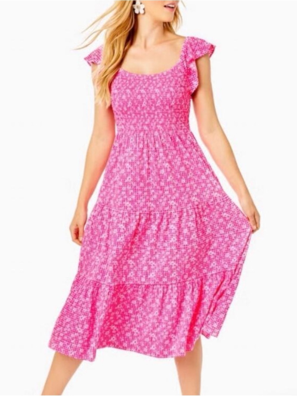 Lilly Pulitzer XS Jilly Smocked Ruffled Cap Sleeve Pink Floral Midi Dress